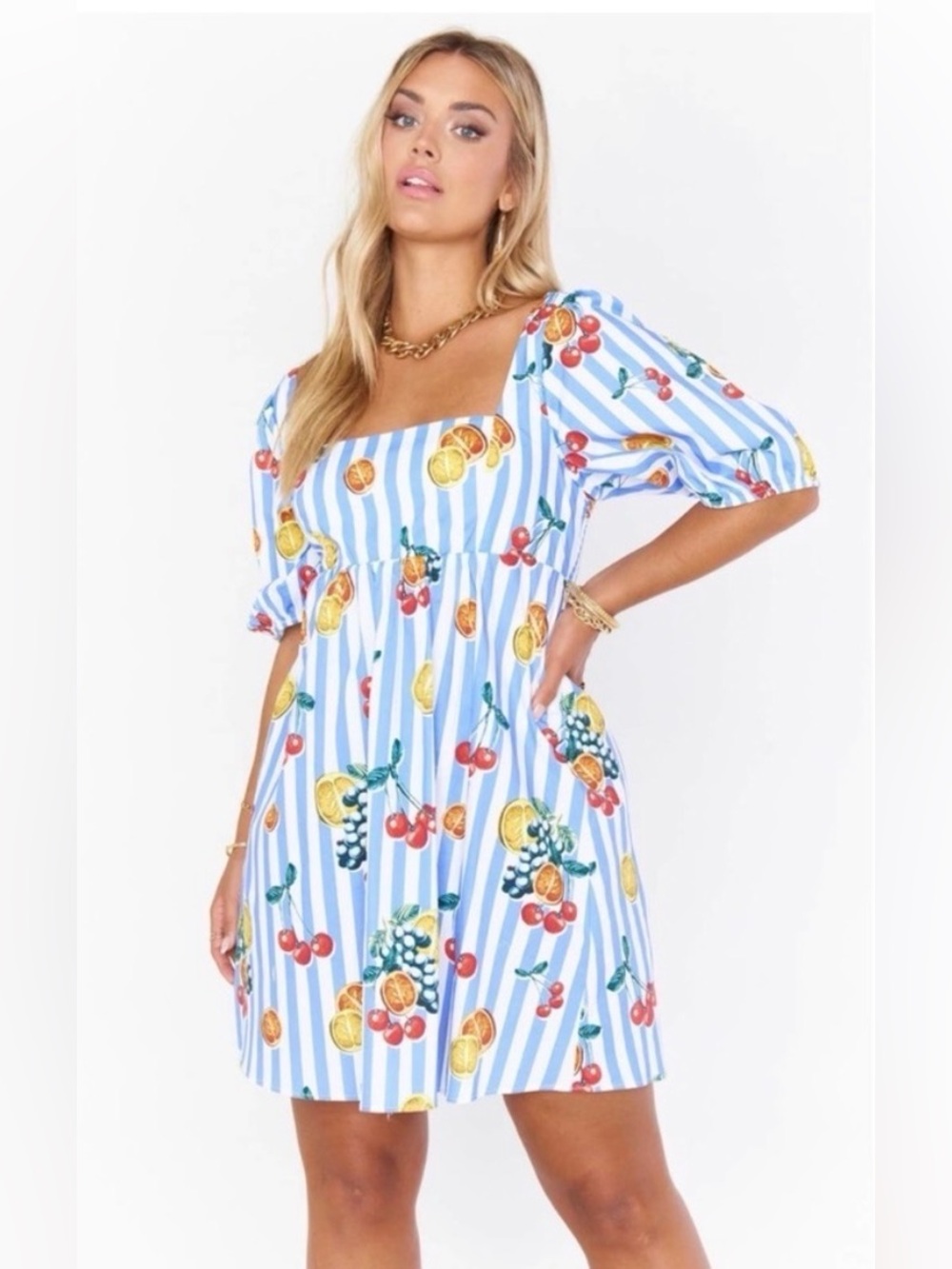 Show Me Your Mumu Striped Fruit Print Mini Dress in Blue & White
